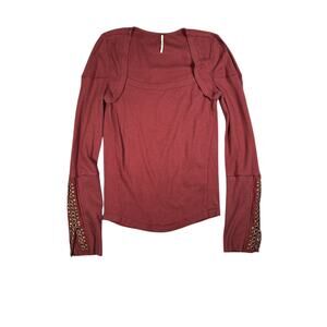 Free People Thermal Top Large Studded Long Sleeve Square Neck Red Boho Grunge